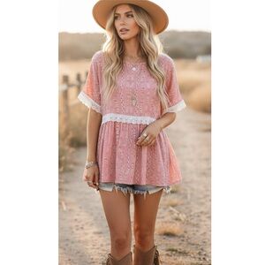 HAPTICS by HOLLY HARPER Pink Cottage Floral Rayon Crochet Short Sleeve Blouse M